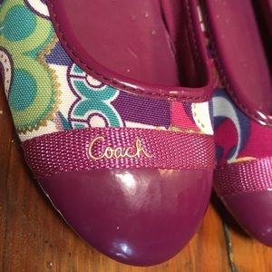 Coach 7.5B Celine cap toe purple print ballet flats.